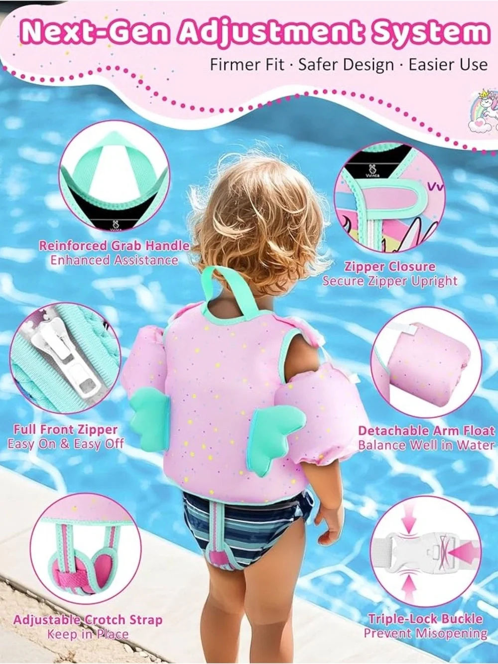 Toddler Swim Vest Floaties Puddle Jumper 2-5 years Size M 33-50lbs Girls Unicorn